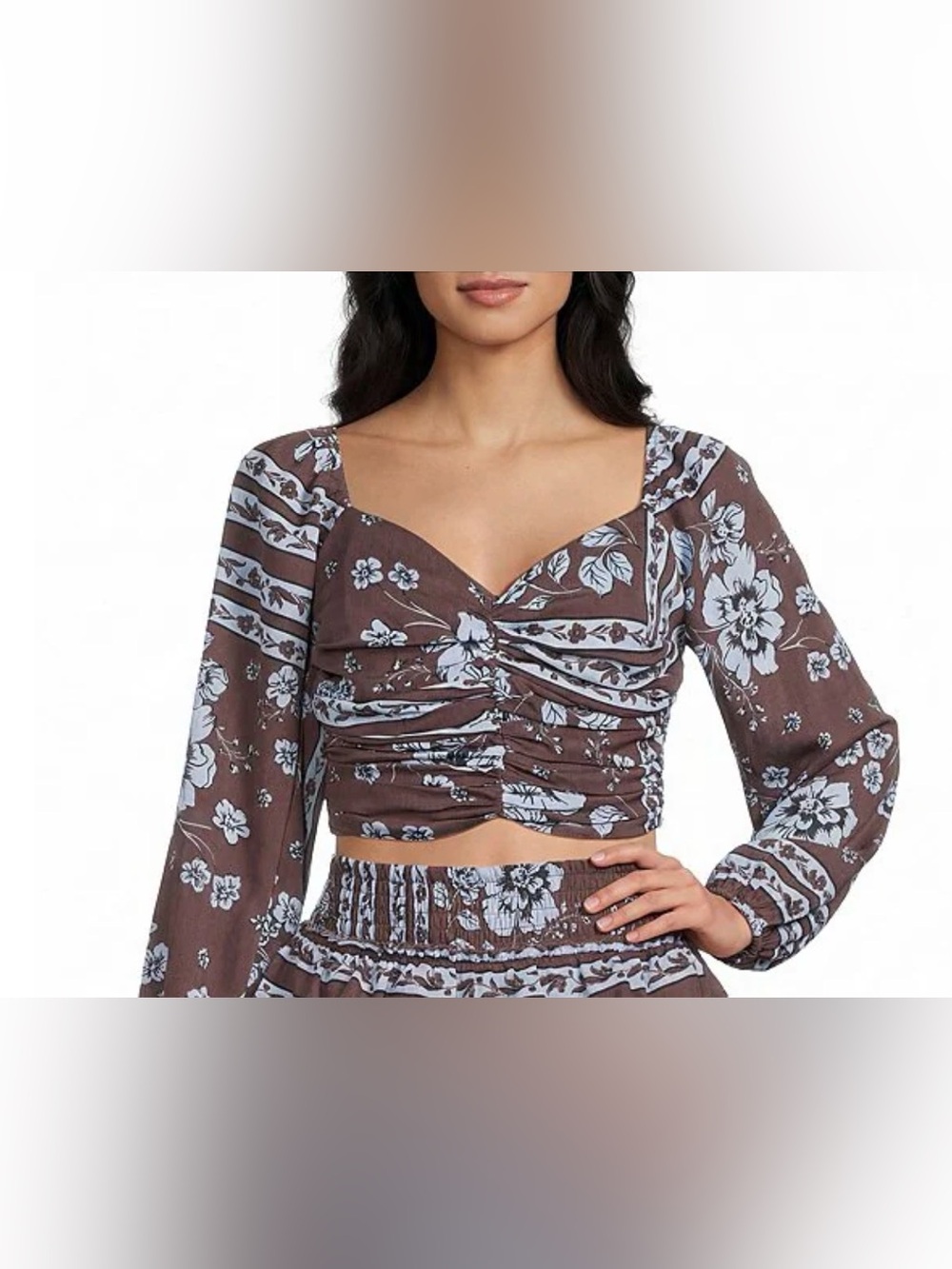 Gianni Bini NWT Brown Blue Floral Ruched Long-Sleeve Boho Crop Top Small